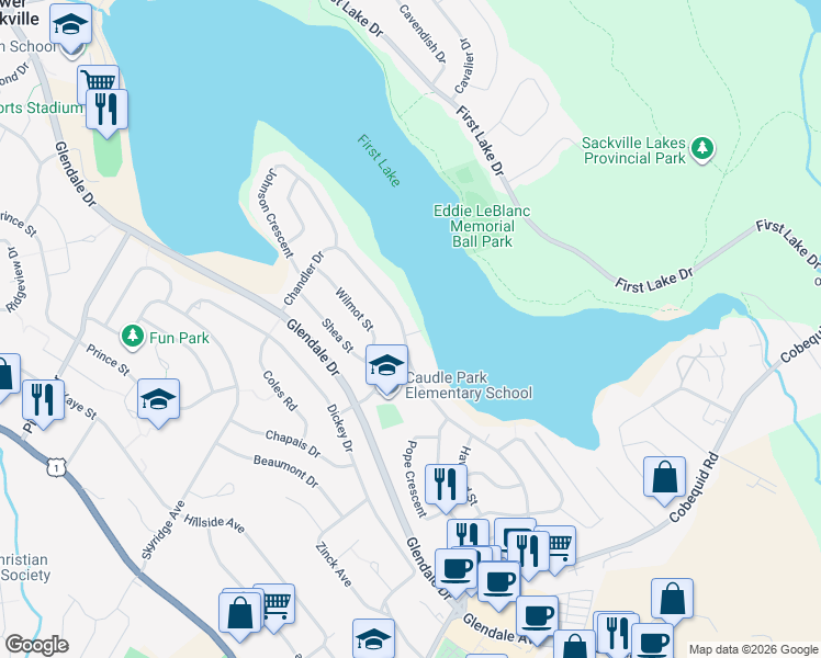 map of restaurants, bars, coffee shops, grocery stores, and more near 153 Chandler Drive in Lower Sackville