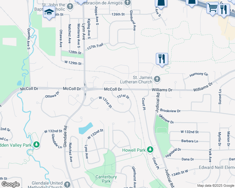 map of restaurants, bars, coffee shops, grocery stores, and more near 13031 131st Street in Savage
