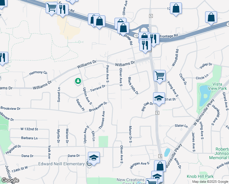 map of restaurants, bars, coffee shops, grocery stores, and more near 13011 Penn Avenue South in Burnsville