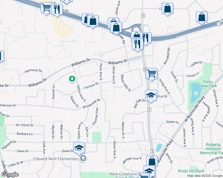 map of restaurants, bars, coffee shops, grocery stores, and more near 13008 Oliver Avenue South in Burnsville