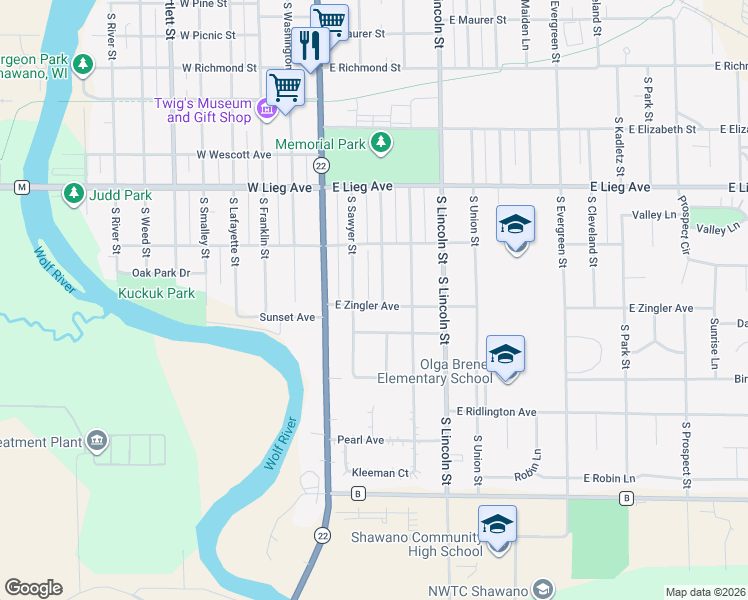 map of restaurants, bars, coffee shops, grocery stores, and more near 205 East Zingler Avenue in Shawano