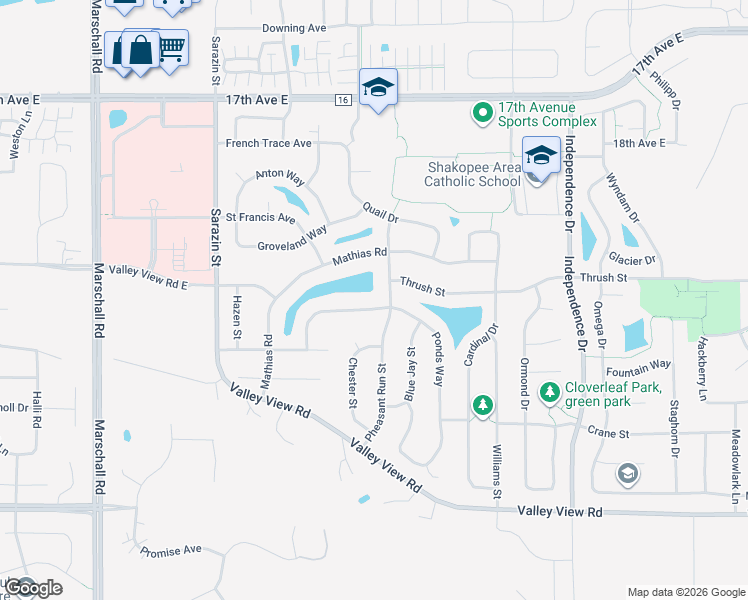 map of restaurants, bars, coffee shops, grocery stores, and more near 2195 Ponds Way in Shakopee