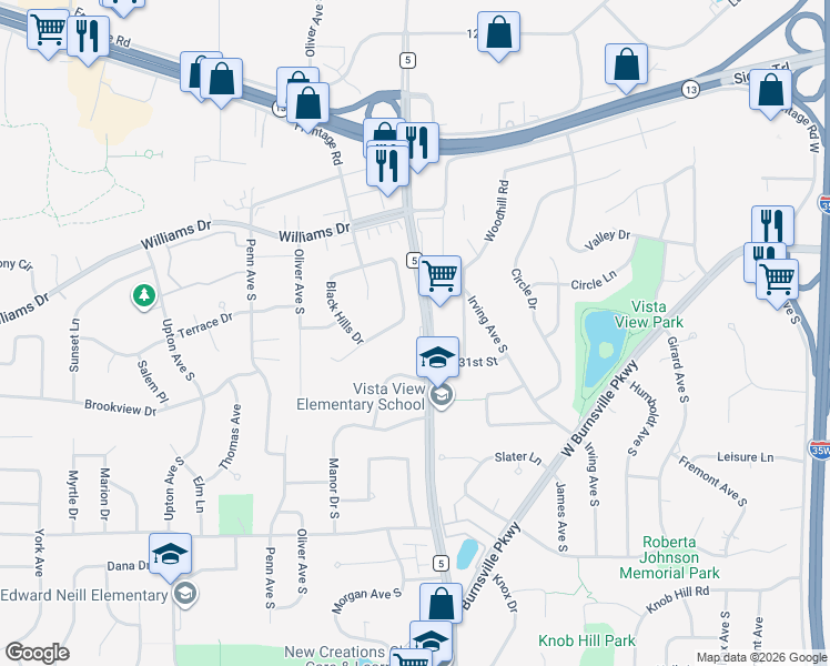 map of restaurants, bars, coffee shops, grocery stores, and more near 13002 County Road 5 in Burnsville