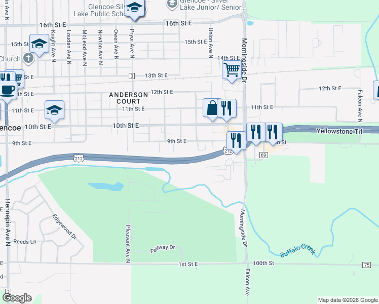 map of restaurants, bars, coffee shops, grocery stores, and more near 1908 9th Street East in Glencoe