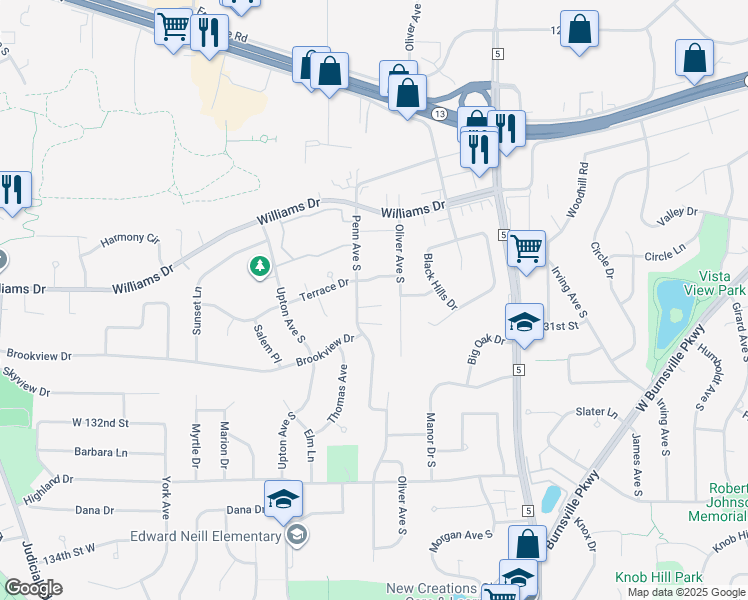 map of restaurants, bars, coffee shops, grocery stores, and more near 13007 Penn Avenue South in Burnsville