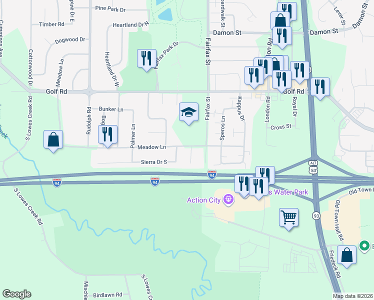 map of restaurants, bars, coffee shops, grocery stores, and more near 2205 Meadow Lane in Eau Claire