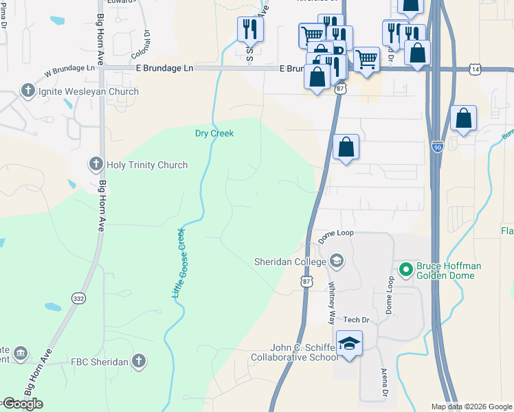map of restaurants, bars, coffee shops, grocery stores, and more near 2656 Coffeen Avenue in Sheridan