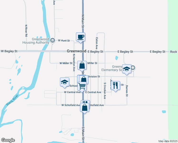 map of restaurants, bars, coffee shops, grocery stores, and more near 109 North Andrews Avenue in Greenwood