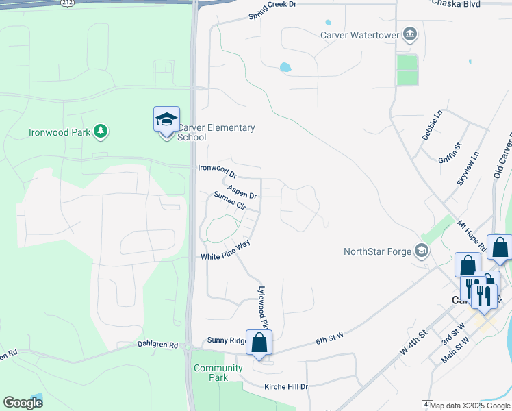 map of restaurants, bars, coffee shops, grocery stores, and more near 1642 White Pine Way in Carver