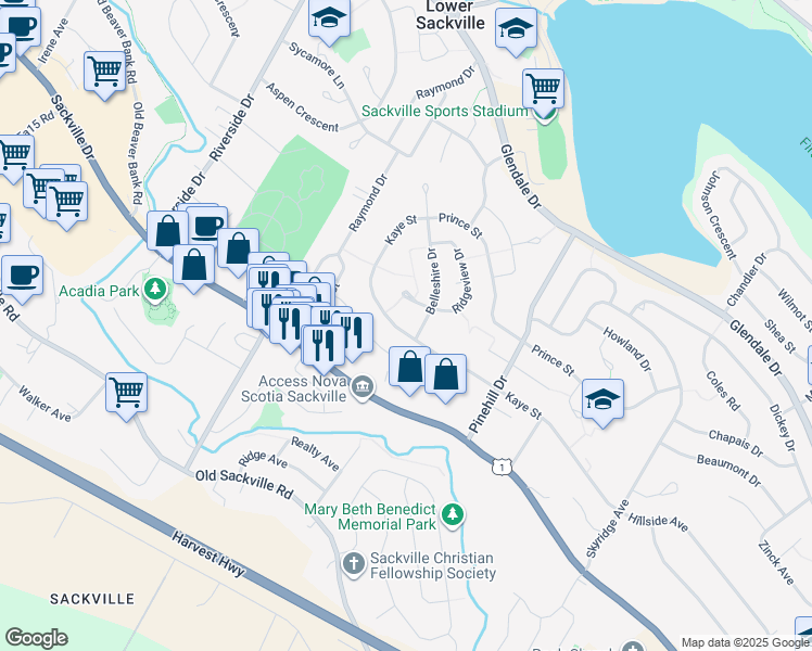 map of restaurants, bars, coffee shops, grocery stores, and more near 193 Florence Street in Lower Sackville