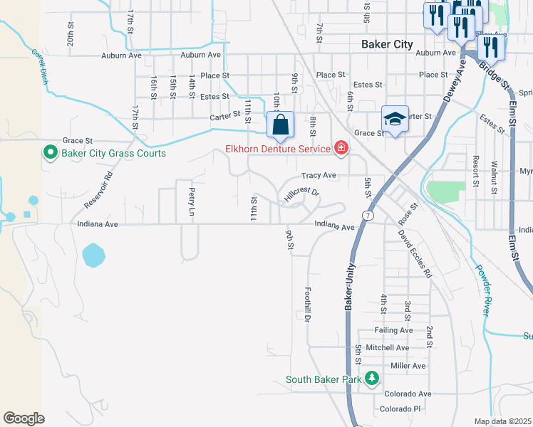 map of restaurants, bars, coffee shops, grocery stores, and more near 955 10th Street in Baker City