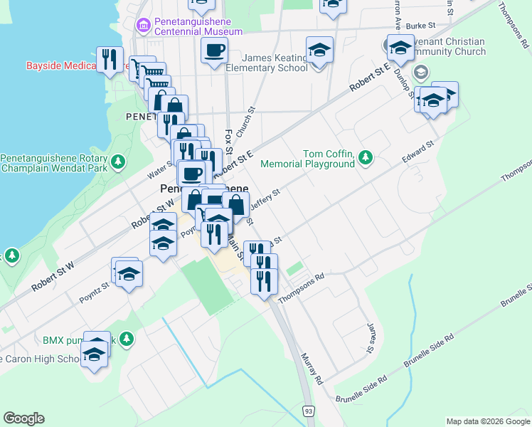 map of restaurants, bars, coffee shops, grocery stores, and more near in Penetanguishene