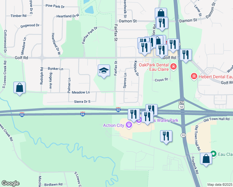 map of restaurants, bars, coffee shops, grocery stores, and more near 2303 Meadow Lane in Eau Claire