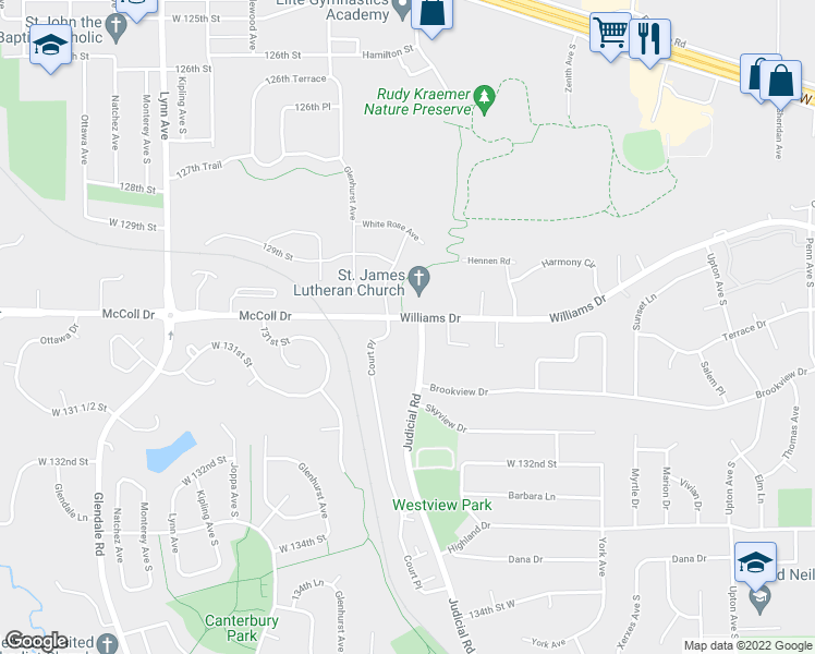 map of restaurants, bars, coffee shops, grocery stores, and more near 13004 Judicial Road in Burnsville