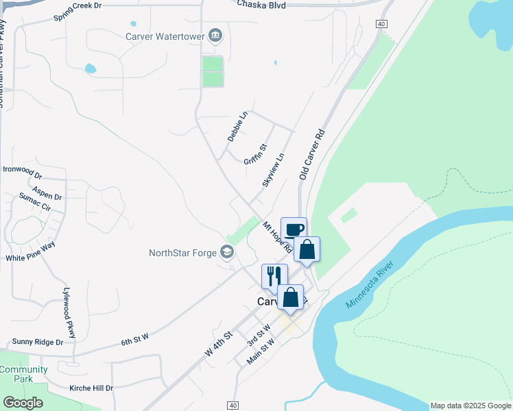 map of restaurants, bars, coffee shops, grocery stores, and more near 301 Skyview Lane in Carver