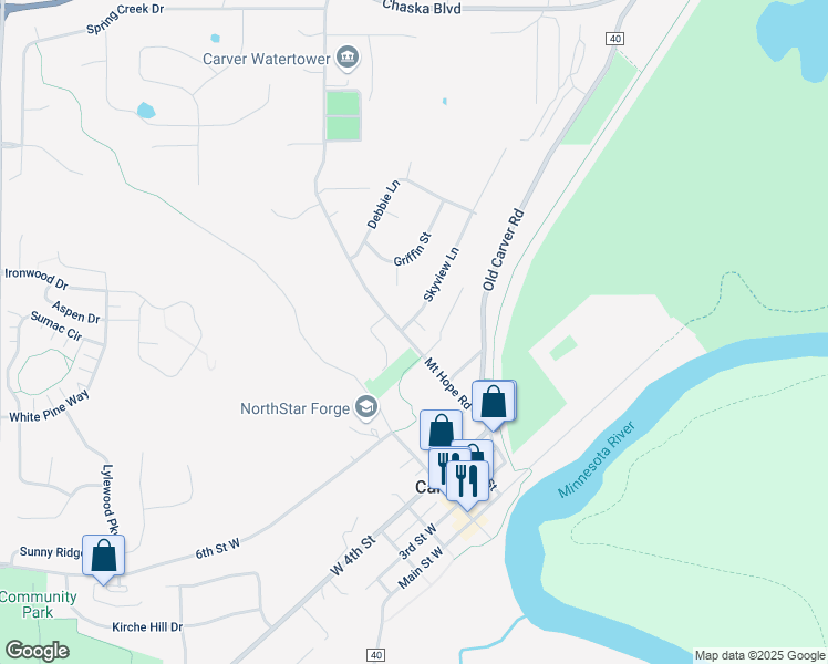 map of restaurants, bars, coffee shops, grocery stores, and more near 301 Skyview Lane in Carver