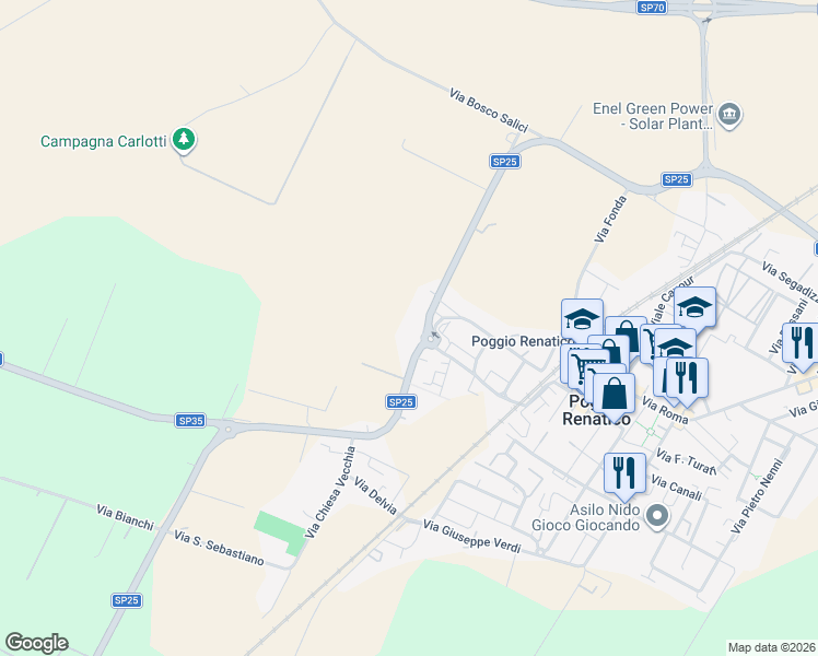 map of restaurants, bars, coffee shops, grocery stores, and more near 74 c Via XX Settembre in Poggio Renatico