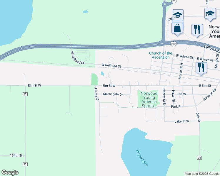 map of restaurants, bars, coffee shops, grocery stores, and more near 819 Elm Street West in Norwood Young America