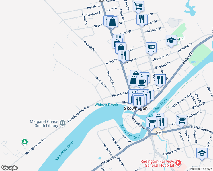 map of restaurants, bars, coffee shops, grocery stores, and more near 22 Summer Street in Skowhegan
