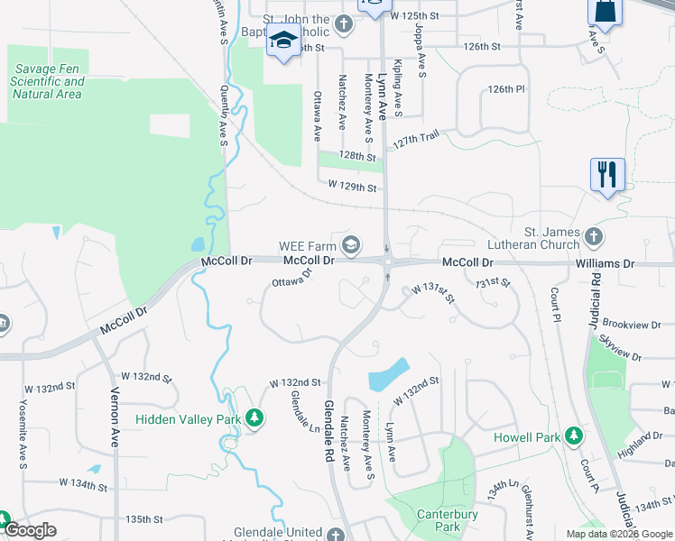 map of restaurants, bars, coffee shops, grocery stores, and more near 13005 Ottawa Place in Savage