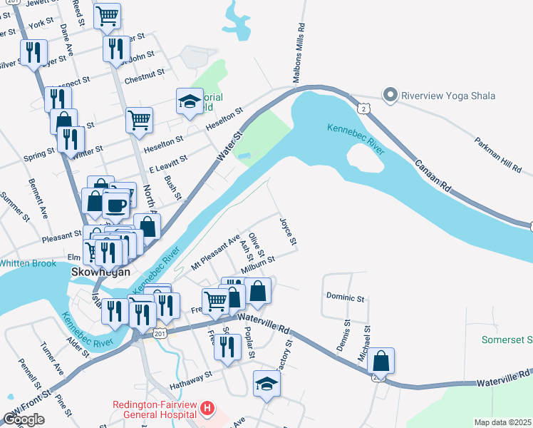 map of restaurants, bars, coffee shops, grocery stores, and more near 80 Mount Pleasant Avenue in Skowhegan