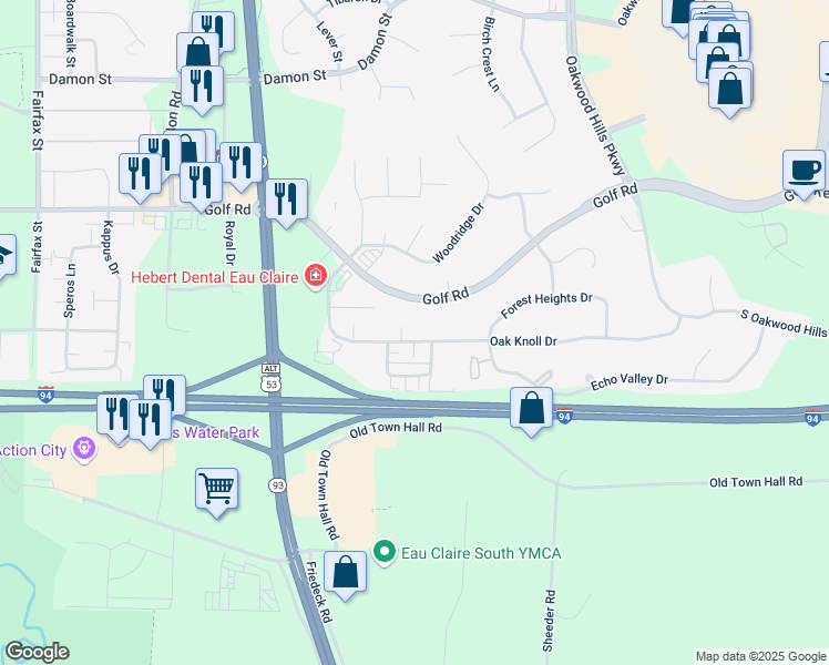 map of restaurants, bars, coffee shops, grocery stores, and more near 3318 Oak Knoll Drive in Eau Claire