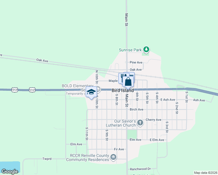 map of restaurants, bars, coffee shops, grocery stores, and more near 850 Highway Avenue in Bird Island