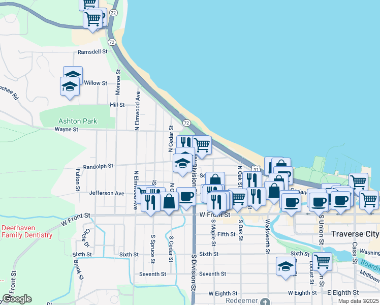 map of restaurants, bars, coffee shops, grocery stores, and more near 710 Randolph Street in Traverse City