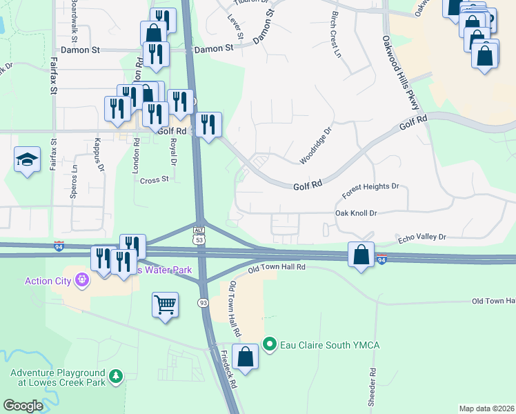 map of restaurants, bars, coffee shops, grocery stores, and more near 4902 Coventry Court in Eau Claire