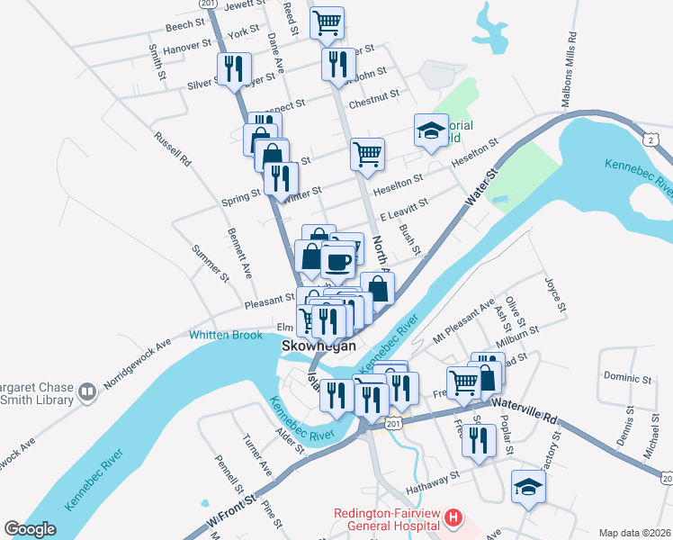 map of restaurants, bars, coffee shops, grocery stores, and more near 20 High Street in Skowhegan