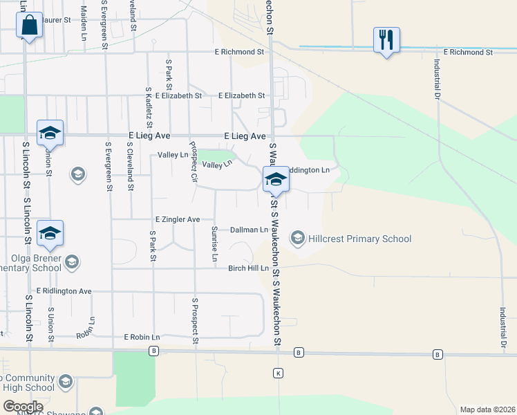 map of restaurants, bars, coffee shops, grocery stores, and more near 131 Oak Court in Shawano