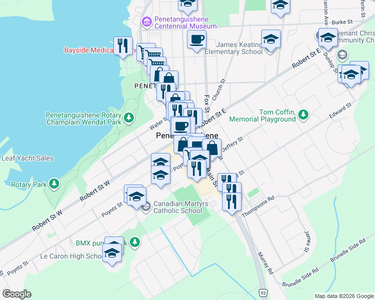 map of restaurants, bars, coffee shops, grocery stores, and more near 118 Main Street in Penetanguishene
