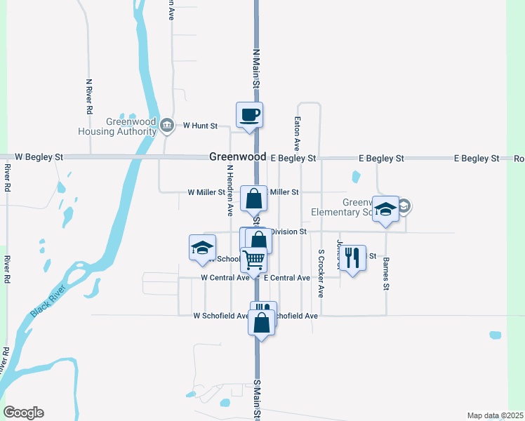 map of restaurants, bars, coffee shops, grocery stores, and more near 105 North Main Street in Greenwood