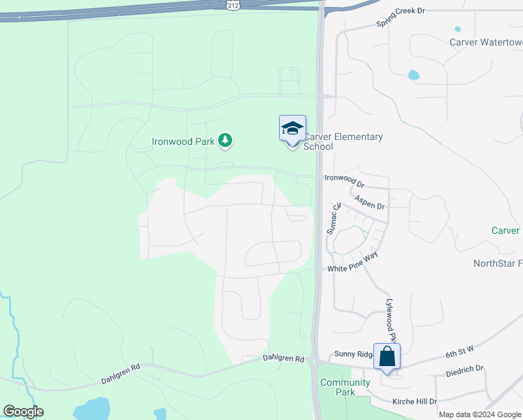map of restaurants, bars, coffee shops, grocery stores, and more near 1405 Copper Hills Drive in Carver