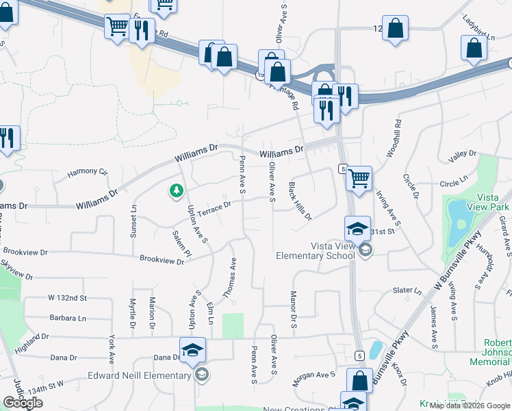 map of restaurants, bars, coffee shops, grocery stores, and more near 13011 Penn Avenue South in Burnsville
