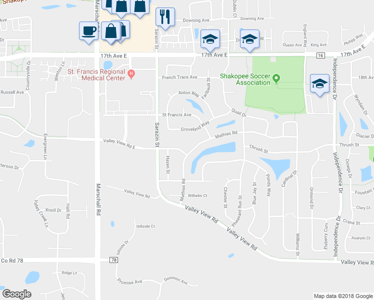 map of restaurants, bars, coffee shops, grocery stores, and more near 1933 Mathias Road in Shakopee