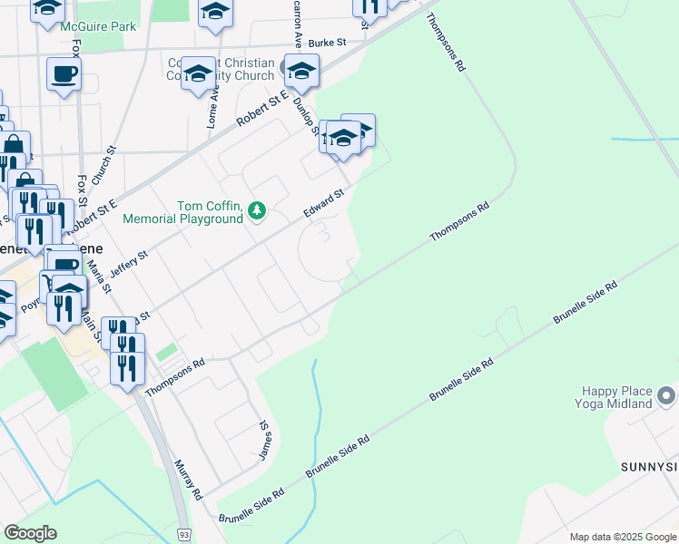 map of restaurants, bars, coffee shops, grocery stores, and more near 101 Thompsons Road in Penetanguishene