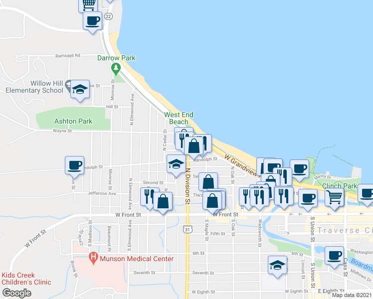 map of restaurants, bars, coffee shops, grocery stores, and more near 710 Randolph Street in Traverse City