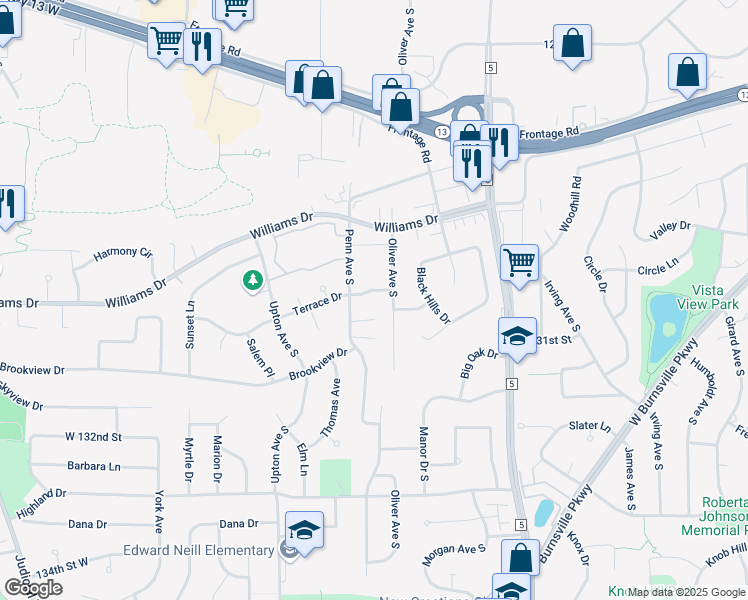 map of restaurants, bars, coffee shops, grocery stores, and more near 13011 Penn Avenue South in Burnsville