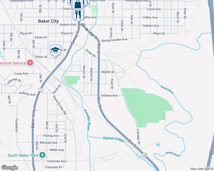 map of restaurants, bars, coffee shops, grocery stores, and more near 945 East Street in Baker City