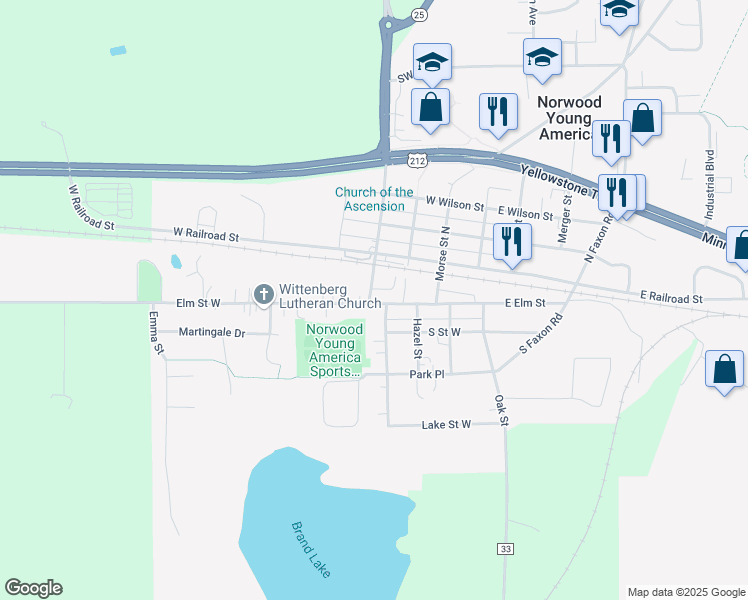map of restaurants, bars, coffee shops, grocery stores, and more near 114 Reform Street in Norwood Young America