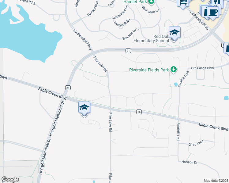 map of restaurants, bars, coffee shops, grocery stores, and more near 1950 Oakridge Circle in Shakopee
