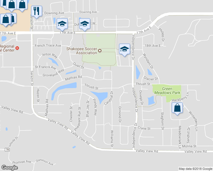 map of restaurants, bars, coffee shops, grocery stores, and more near 2545 Thrush Street in Shakopee
