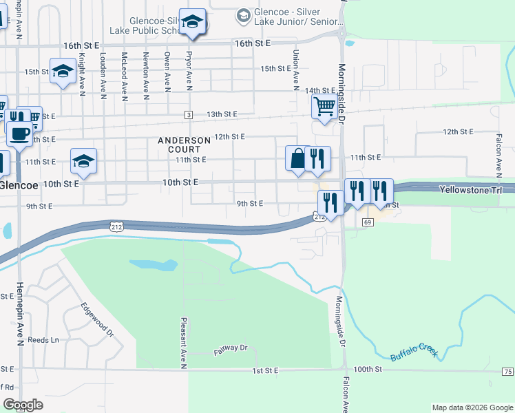 map of restaurants, bars, coffee shops, grocery stores, and more near 1908 9th Street East in Glencoe