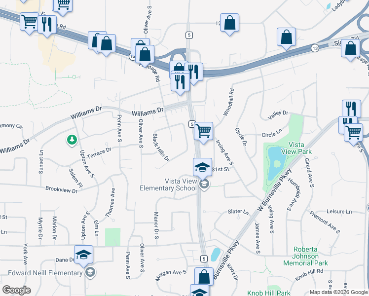 map of restaurants, bars, coffee shops, grocery stores, and more near 13002 County Road 5 in Burnsville