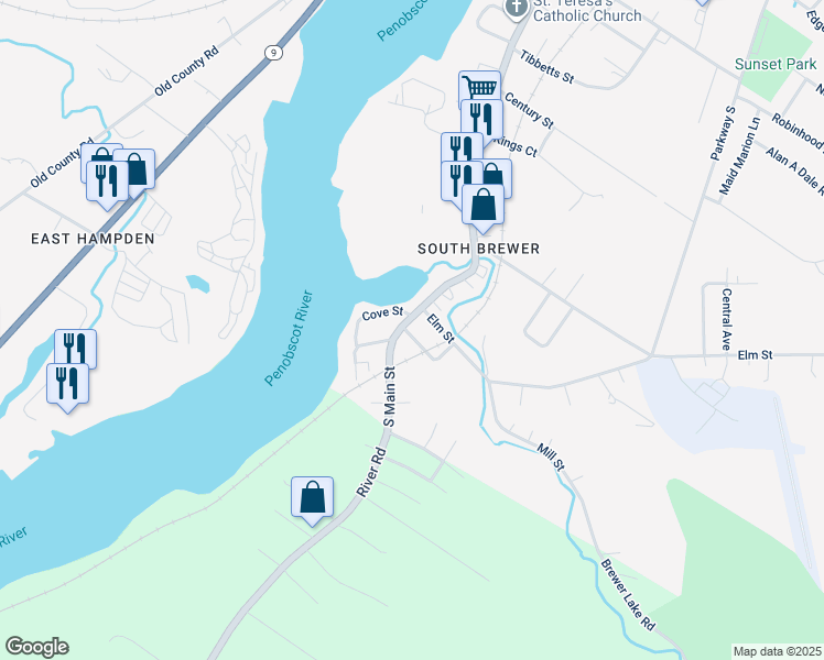 map of restaurants, bars, coffee shops, grocery stores, and more near 3 Stone Street in Brewer