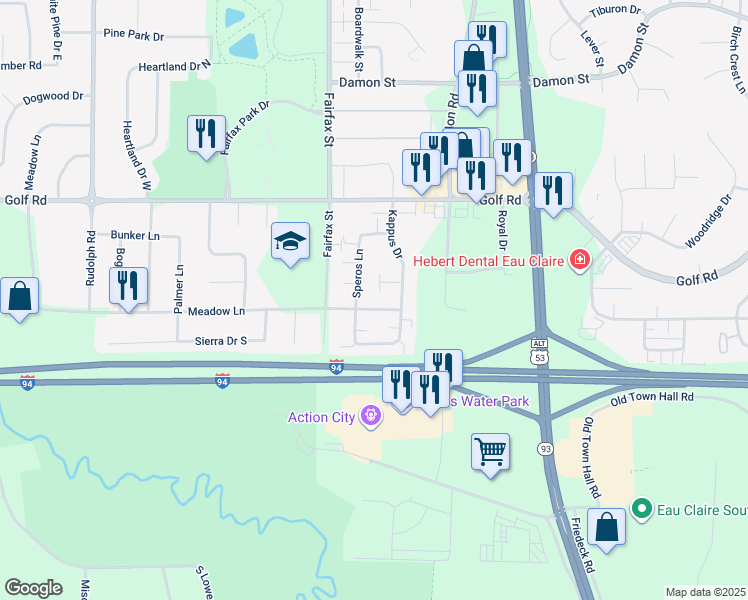 map of restaurants, bars, coffee shops, grocery stores, and more near 4807 Speros Lane in Eau Claire