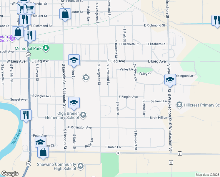 map of restaurants, bars, coffee shops, grocery stores, and more near 919 East Zingler Avenue in Shawano