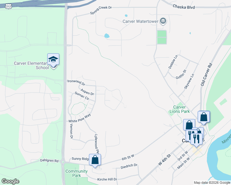 map of restaurants, bars, coffee shops, grocery stores, and more near 1400 Ironwood Drive in Carver