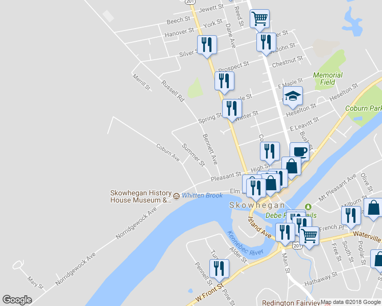 map of restaurants, bars, coffee shops, grocery stores, and more near 29 Summer Street in Skowhegan